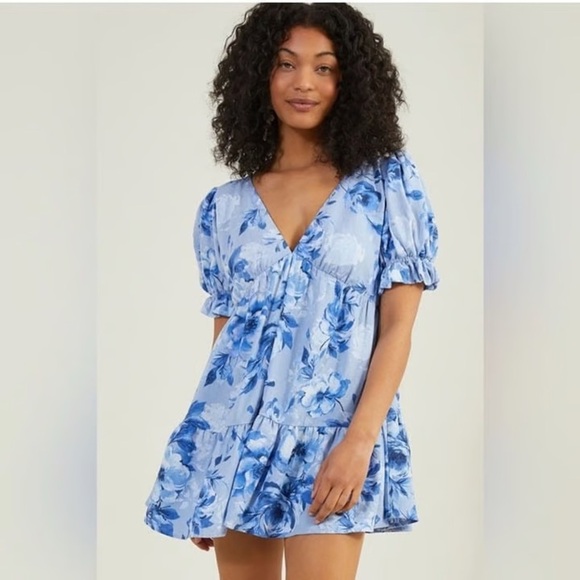 Altar’d State Women Small Blue Linen Blend Floral Tiered Puff Sleeve Mini Dress - Picture 8 of 8
